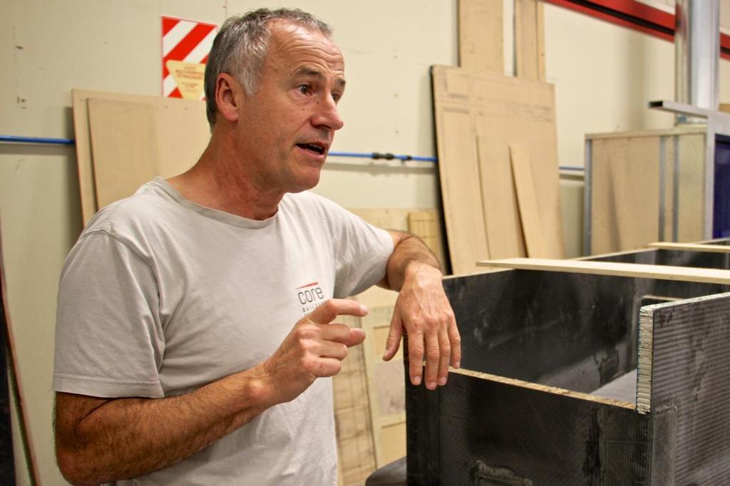 Tim Smyth makes a point leaning on part of the Makani kite for a power generation project -  Core Builders Composite - Warkworth April 2015 © Richard Gladwell www.photosport.co.nz